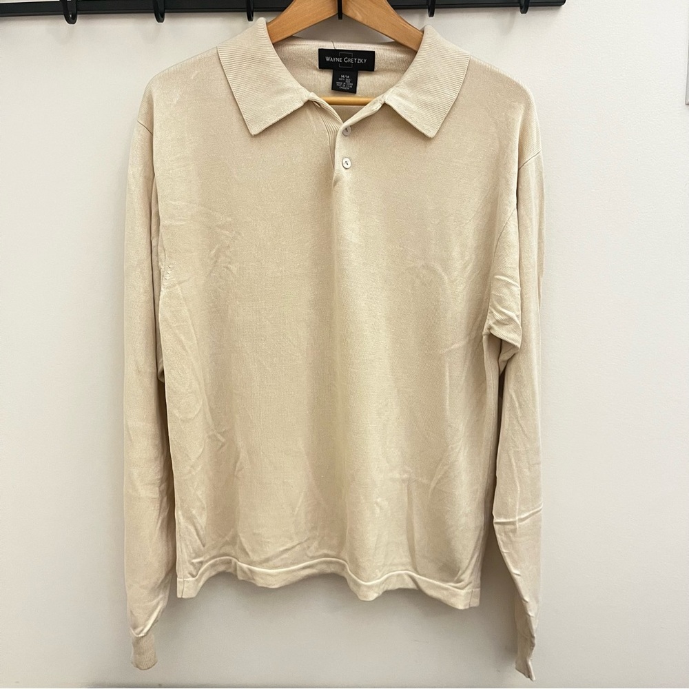 Wayne Gretzky 100% Silk Cream Long Sleeve Polo Shirt M